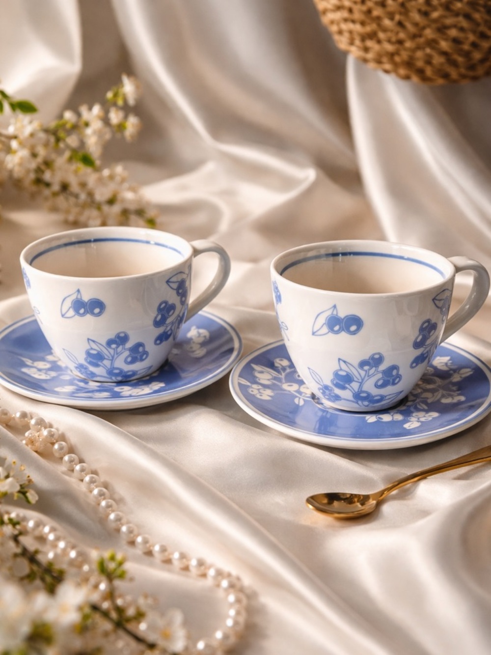 Vintage Starbucks 2007 Blue & White Tea Cups Set of 2 Elegant Rare